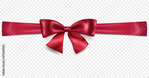 Beautiful burgundy bow with horizontal ribbon with shadow, isolated on transparent background. Transparency only in vector format
