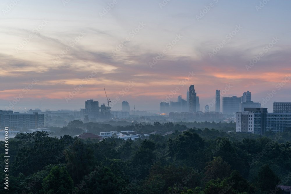 Red sunrise over Pattaya city.