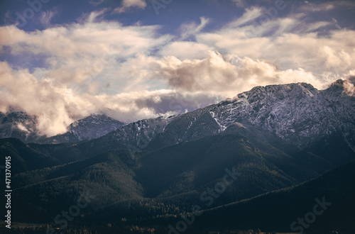 Fototapeta Naklejka Na Ścianę i Meble -  Tatra Mountains in Poland, View in Cloudy Weather, November.