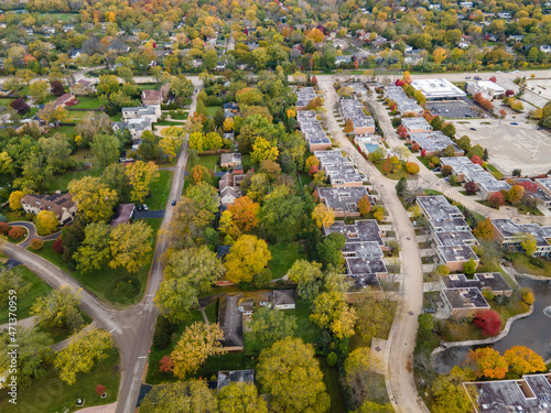 Aerial view of residential neighborhood in Northfield, IL. Lots of trees starting to turn autumn colors. Large residential homes, some with solar panels. Meandering streets