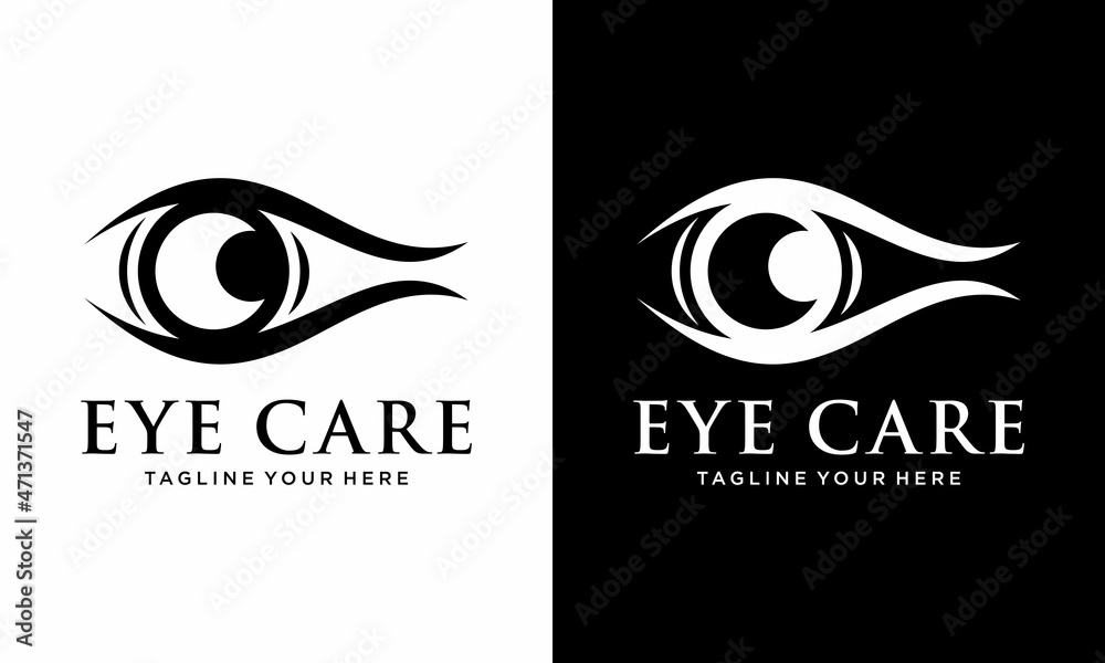 Naklejka premium Creative Care Eye Concept Logo Design Template, Eye Care logo design Vector, Icon Symbol, on a black and white background.