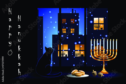 Hanukkah (Festival of Lights) Jewish holiday greeting card with menorah, dreidels, sufganiya donuts and a cat looking out the window at the night city filled with lights and snow.