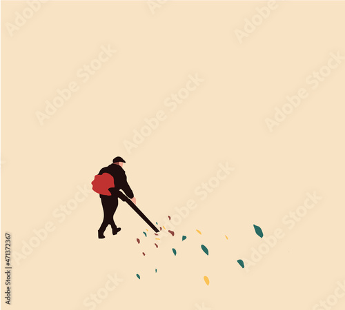 Man using a leaf-blower to clear leaves on a city street in the autumn dry time. Cleaning of the road in the park. Seasonal occupation concept. Vector illustration
