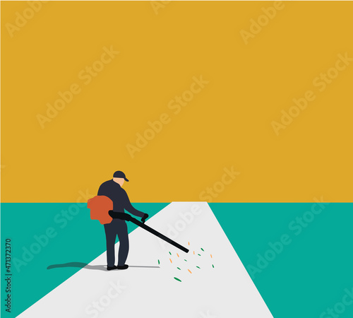 Man using a leaf-blower to clear leaves on a city street in the autumn dry time. Cleaning of the road in the park. Seasonal occupation concept. Vector illustration
