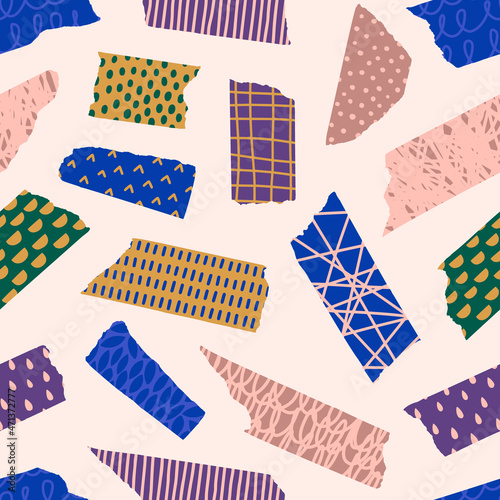 Washi Tape Pieces Seamless Pattern Set with Different Hand Draw Textures in Contemporary Style. Vector Background.