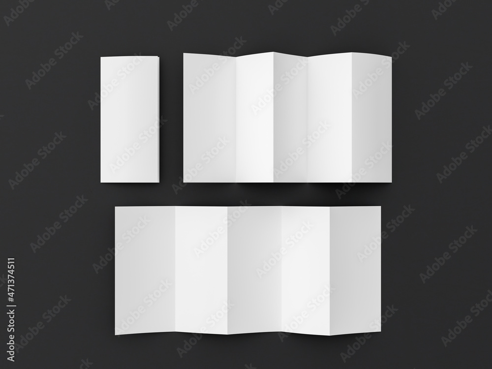 Vertical pages accordion or zigzag fold brochure mock up on black background. Five panels, ten pages leaflet Vertical pages accordion or zigzag fold brochure mock up on black background. Five panels, ten pages leaflet