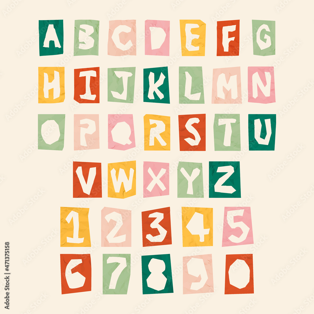 Fun Paper cut alphabet and number typography vector set Fun Paper cut alphabet and number typography vector set