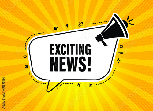 Male hand holding megaphone with exciting news speech bubble. Loudspeaker. Banner for business, marketing and advertising. Vector illustration.