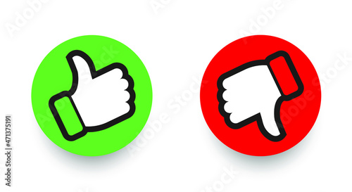 Thumbs up and thumbs down, like and deslike symbos. Green and blue buttons. Vector design