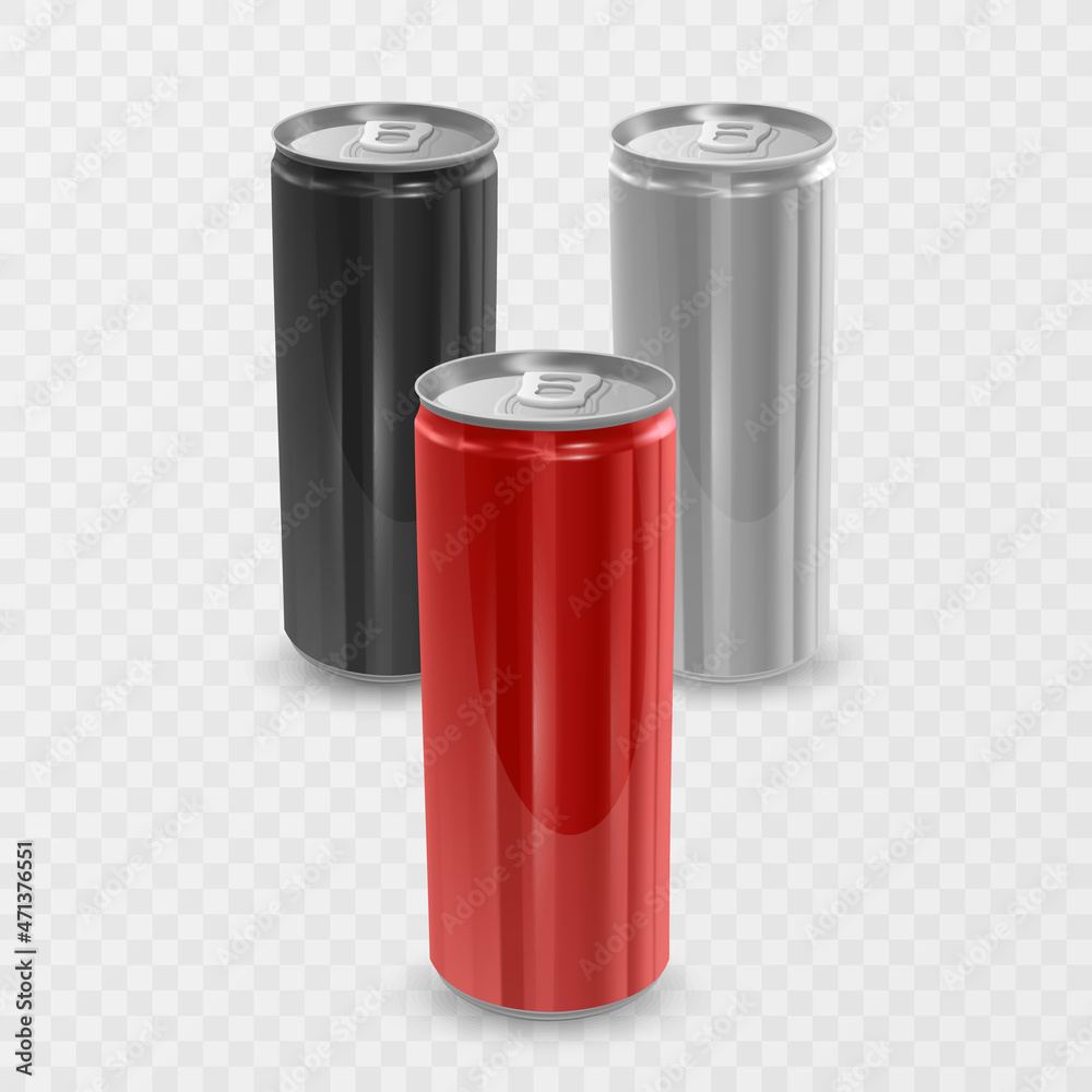 Realistic aluminum cans. Blank metallic can drink beer soda water juice packaging, empty mock up container vector template Realistic aluminum cans. Blank metallic can drink beer soda water juice packaging, empty mock up container vector template