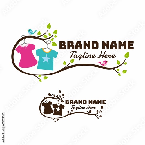 kids clothing store logo with clothes hanging on a branch