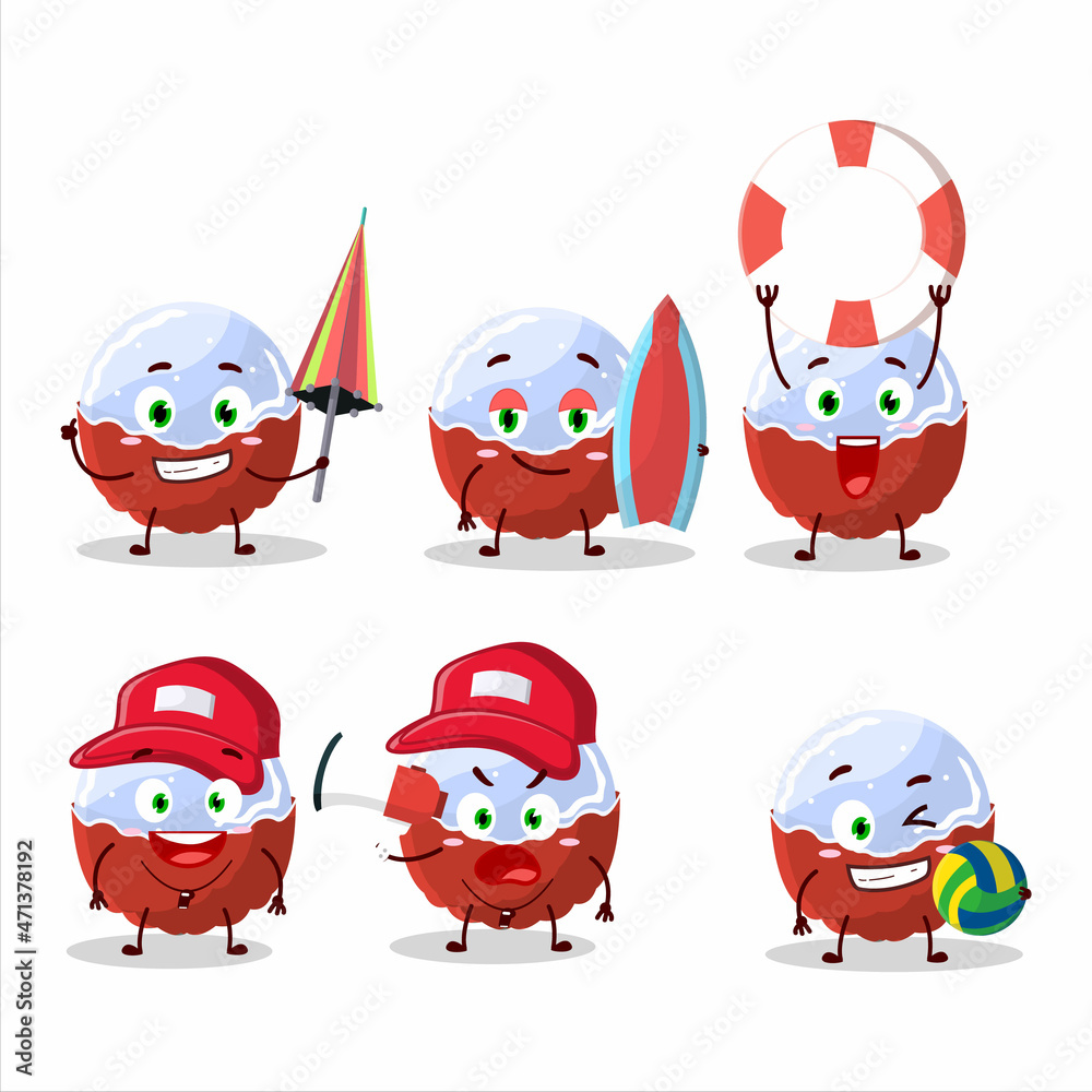 Happy Face brigadiero red candy cartoon character playing on a beach