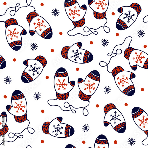 Knitted warm mittens seamless vector pattern. Hand-drawn cozy concept. Cute cartoon gloves, graceful snowflakes on a white background. Festive template for decoration, design of cards, textiles.