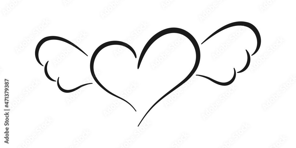 Heart with wings hand drawn doodle vector. Isolated black element on white background. Best for seamless patterns, print, cards, stickers and web design. Heart with wings hand drawn doodle vector. Isolated black element on white background. Best for seamless patterns, print, cards, stickers and web design.