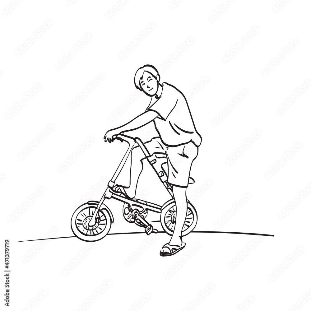 man riding modern bicycle illustration vector isolated on white background line art.
