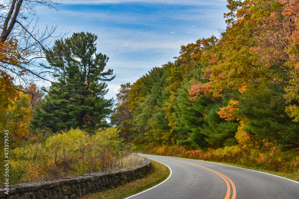 Fototapeta premium Shenandoah National Park, Virginia, USA - November 3, 2021: Skyline Drive, a Winding Country Road Traveling Through Beautiful Fall Foliage