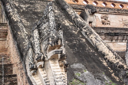Within Wat Chedi Luang is temple of the big stupa or temple of the royal stupa that is a Buddhist temple in the historic center in Chiang Mai province of Thailand.