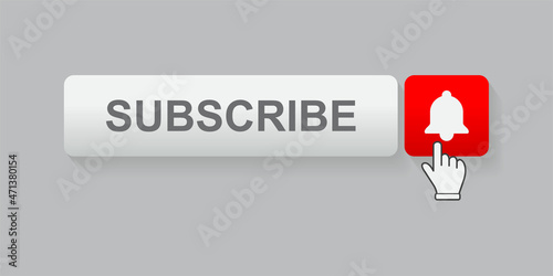 Subscribe button with hand cursor, social media concept.