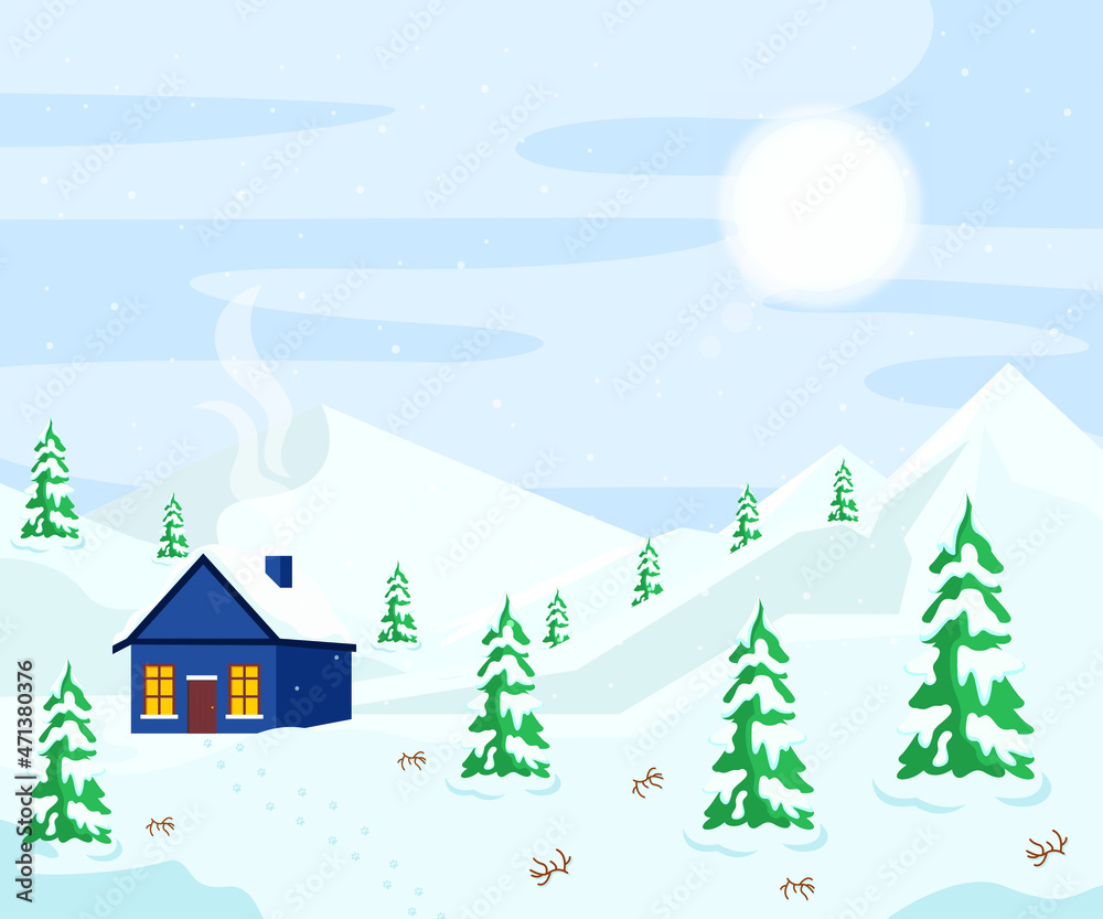 Winter landscape design illustration for postcard background