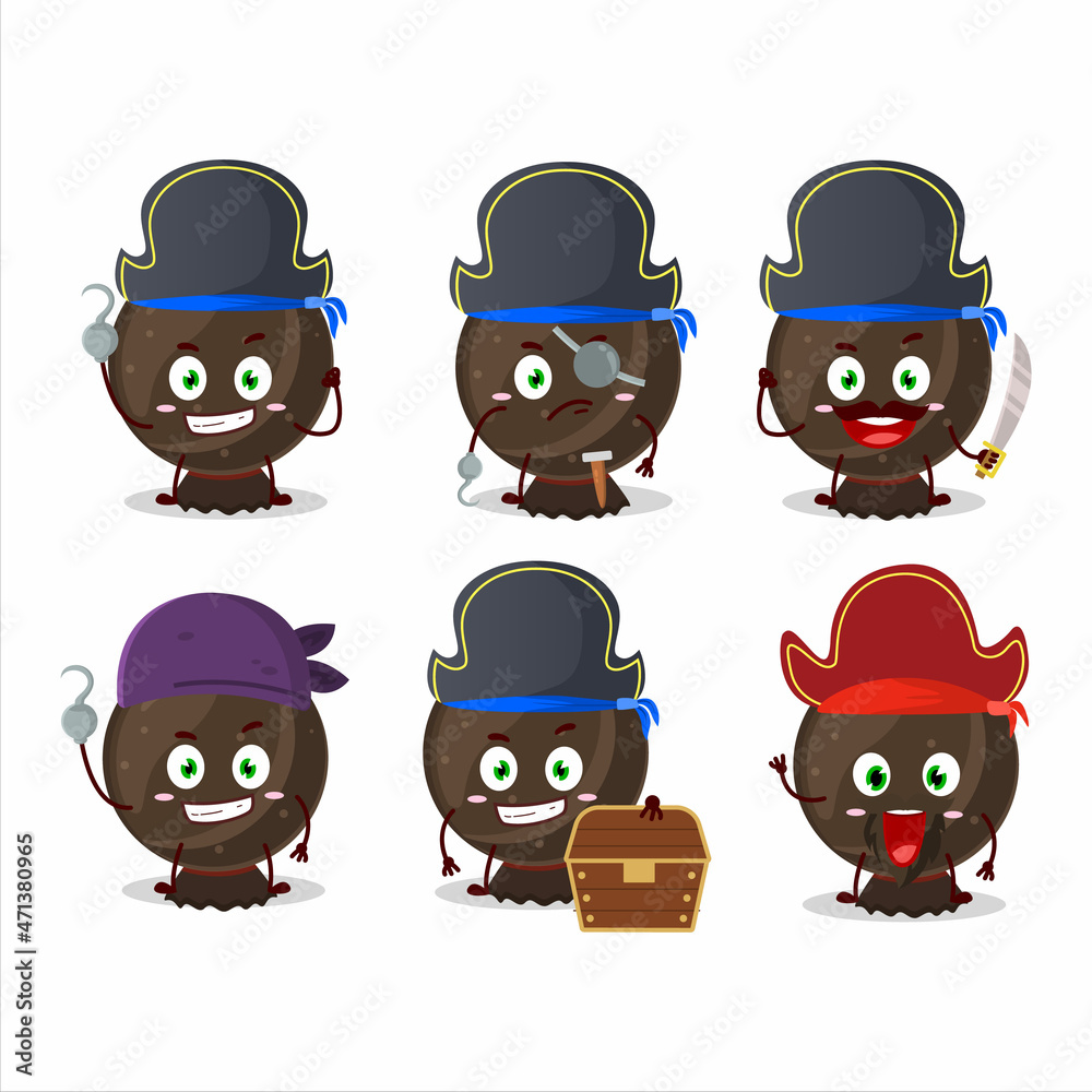 Cartoon character of chocolate candy wrap with various pirates emoticons Cartoon character of chocolate candy wrap with various pirates emoticons