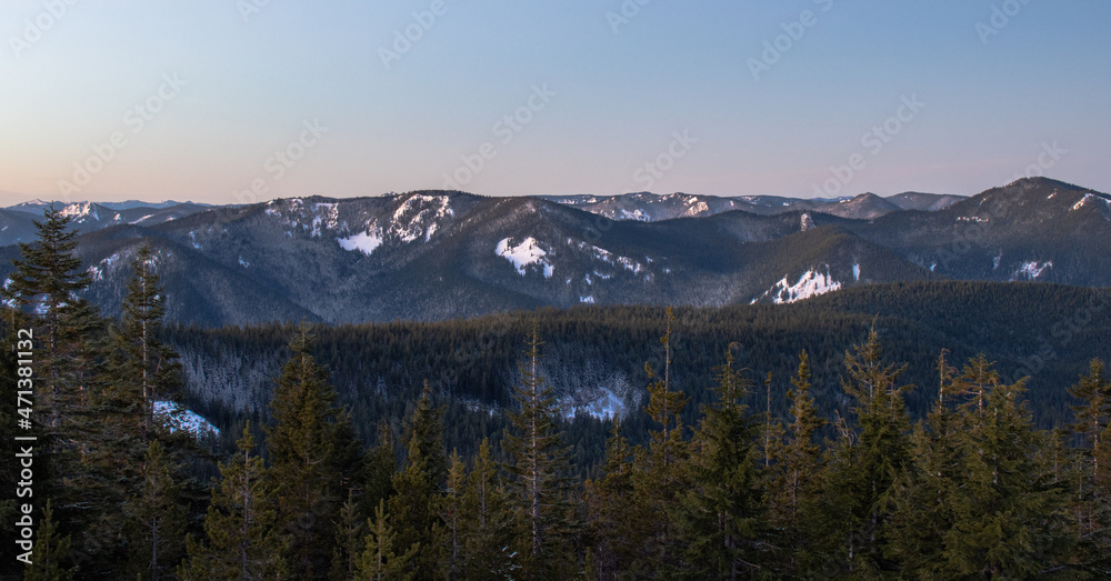 View of snow-covered rocky mountain peaks and wooded hills in the foreground of the line trees