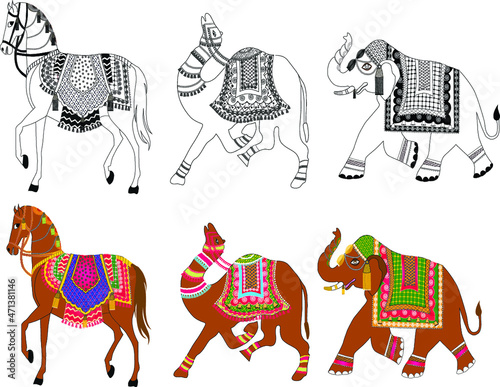 Vector illustration of the decorated  horse, camel, and elephant on white background suitable for printing wallpanels, invitation cards and textile photo