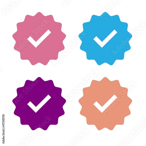 Approval Icon. Set of white check mark with pink, coral, violet and blue circle shape star sticker. 
Flat vector icon design elements for web templates.