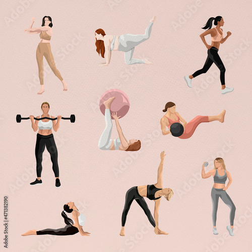 Body and mind vector women&rsquo;s workout illustrations set