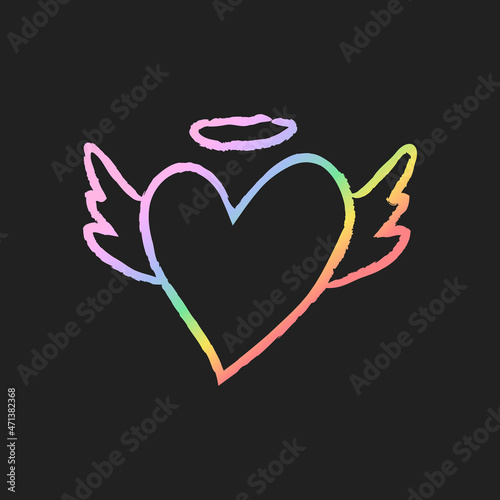 Rainbow heart icon with angel wings, vector illustration in doodle style