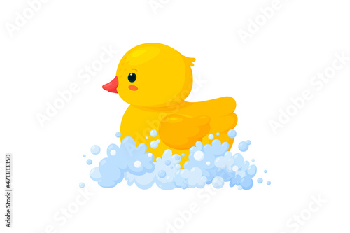 Rubber duck in soap foam isolated in white background. Side view of yellow plastic duckling toy in suds. Vector illustration in cartoon style
