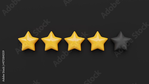 Glossy yellow five star rating on a black background. 3D rendered image.