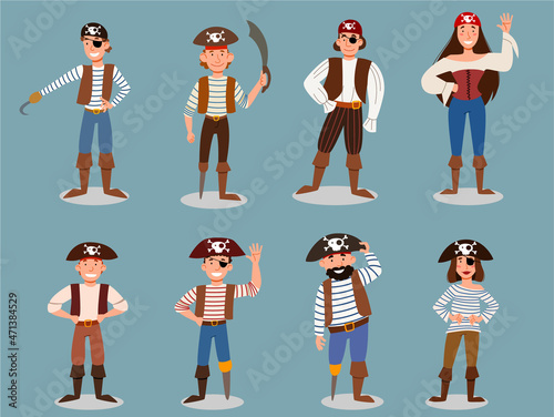 a set of cute pirate characters. vector illustration in cartoon style, isolated on a white background
