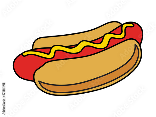 American Hot dog - fried sausage in a bun with sauces. Fast food meal. 
Vector illustration. Flat cartoon.
