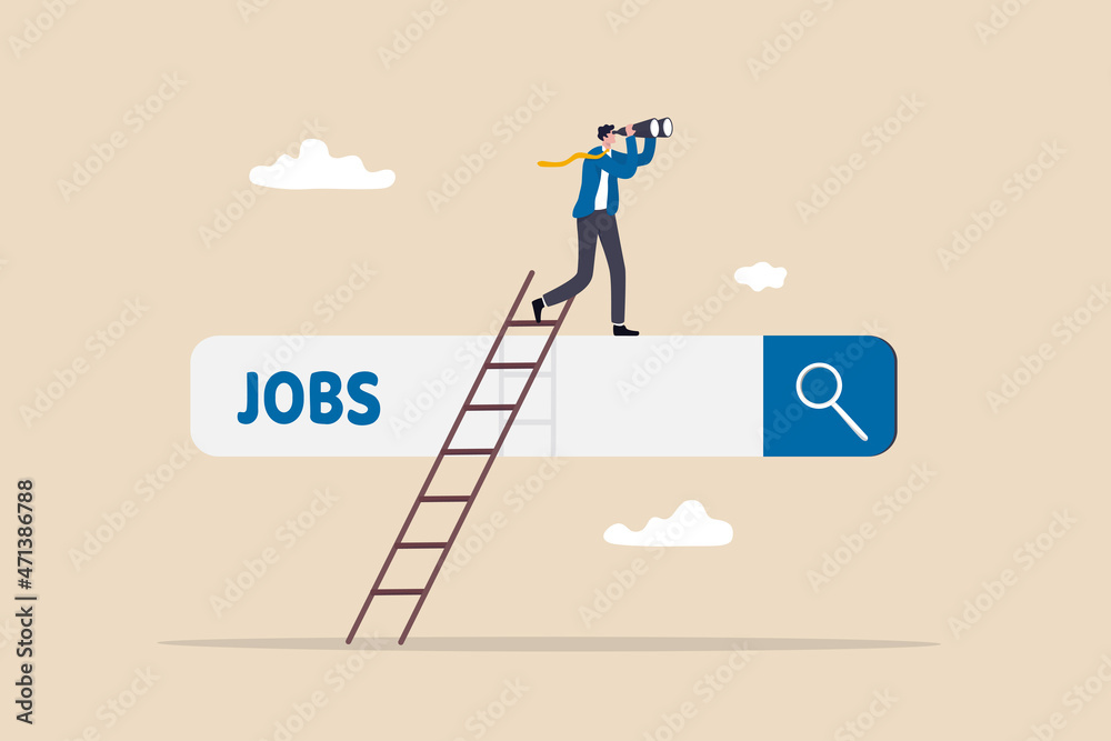 Looking for new job, employment, career or job search, find opportunity, seek for vacancy or work position concept, businessman climb up ladder of job search bar with binoculars to see opportunity. - obrazy, fototapety, plakaty 