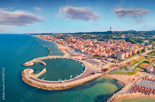 Fototapeta Naklejka Na Ścianę i Meble -  Spectacular morning view from flying drone of Francavilla al Mare port. Picturesque summer seascape of Adriatic sea. Wonderful outdoor scene of Italy, Europe. Vacation concept background..