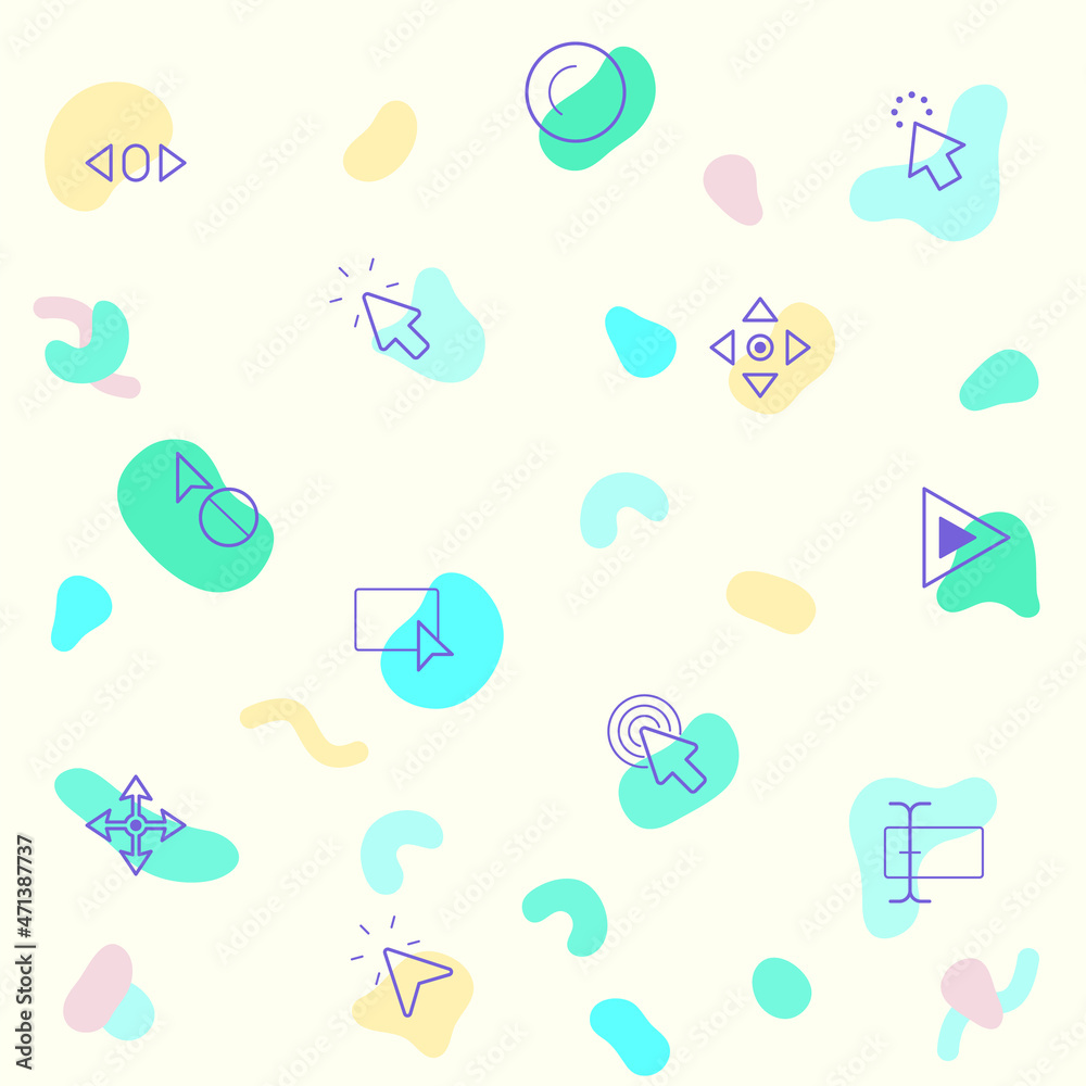pattern on the theme of cursors, selection, pointer, click, mouse, arrows, icon, clock, interface, wireframe, computer and more. simple color icons on beige background.