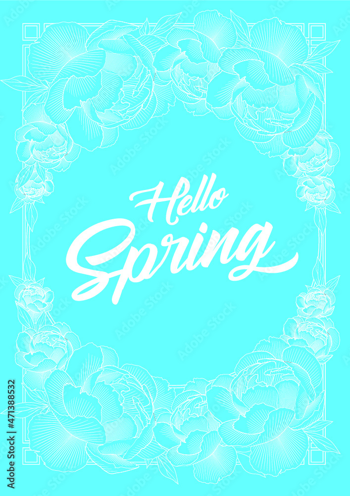 Hello Spring with line drawing Peony. Vector Illustration