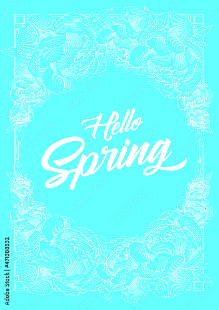 Hello Spring with line drawing Peony. Vector Illustration Hello Spring with line drawing Peony. Vector Illustration