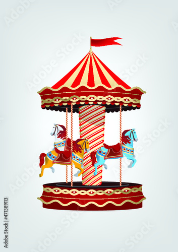 Realistic vintage carousel with blue, orange and white horses. Vector illustration
