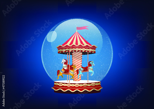 Snow Globe with Horse Carousel. vector Illustration.