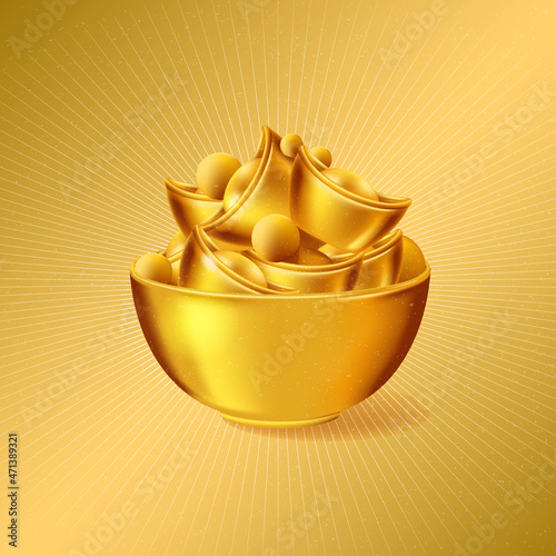 Golden bowl with Chinese Ingots. Chinese new year.
