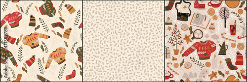 Winter holiday seamless pattern collection with sweater, snow, tree, cocoa and other winter symbols and one simple abstract pattern.