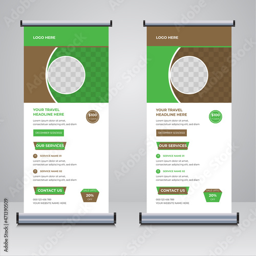 Travelling roll up banner design template vector
