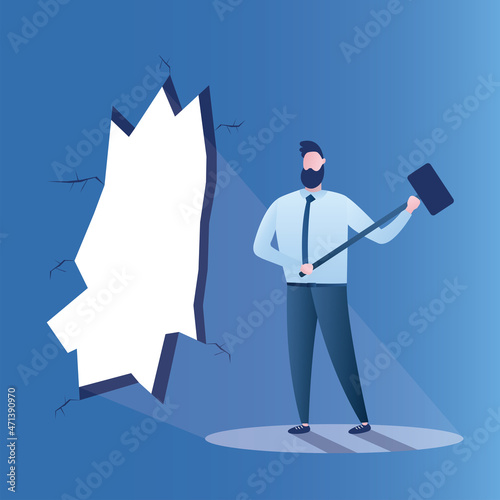 Overcoming obstacles, motivational banner. Businessman using big hammer punched hole in wall. Goal achievement, business strategy. Leadership, successful overcoming of problems.