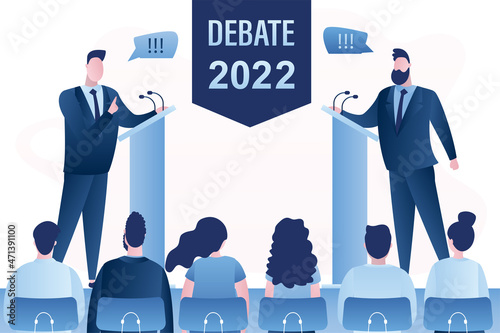 Open debates 2022 before vote. Leaders of political parties conducting intense discussion on public debates. Two male politicians debate on podium. Electorate is listening, election campaign.