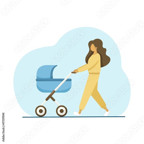 Girl and baby in nature in the open air. Icons on the theme of motherhood. Young mother walking with Newborn Kid in stroller.   Cute Vector illustration in a flat style isolated on a white background.