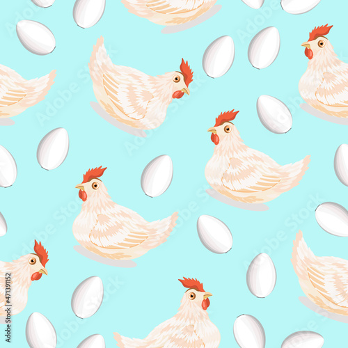 Seamless chicken and egg pattern on a light turquoise background.Vector pattern can be used in textiles, postcards, egg packages.