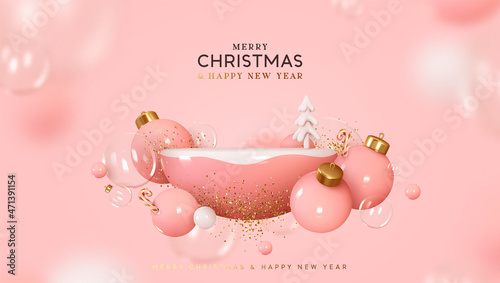 Christmas and New Year Pink background. Realistic 3d design stage podium, studio semi round sphere. Decorative festive elements glass bauble balls. Xmas holiday template podium. Vector illustration