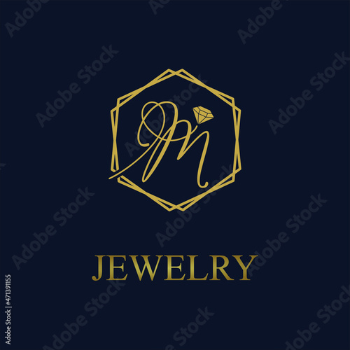 Golden Initial M Letter in Geometric hexagon with diamond for Jewelry business logo vector idea
