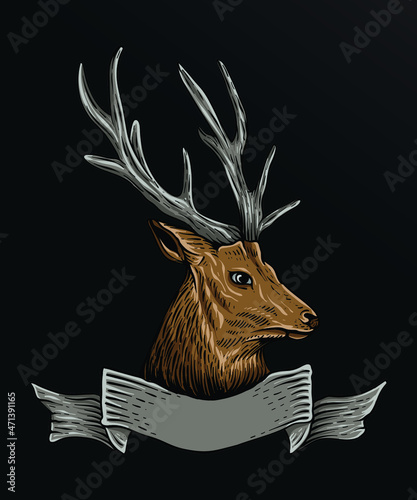 hand drawn logo head deer engraving style